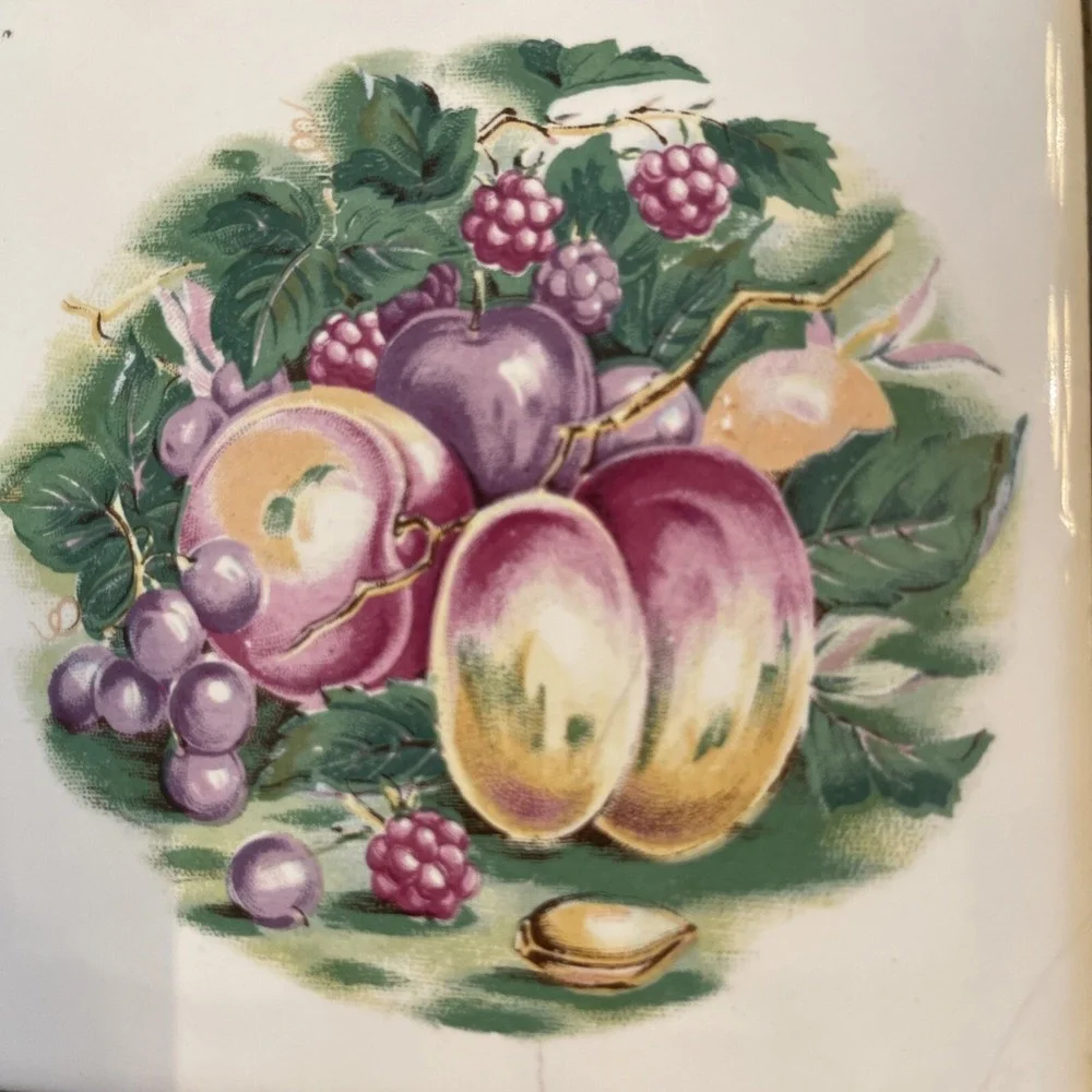 Vintage Midcentury Trivets Tile Cast Iron Kitchen Wall Art Japan Set 2 Fruit 60s